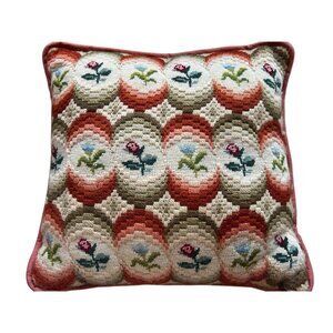 Needlepoint and crewel throw pillow orange flowers gray cream